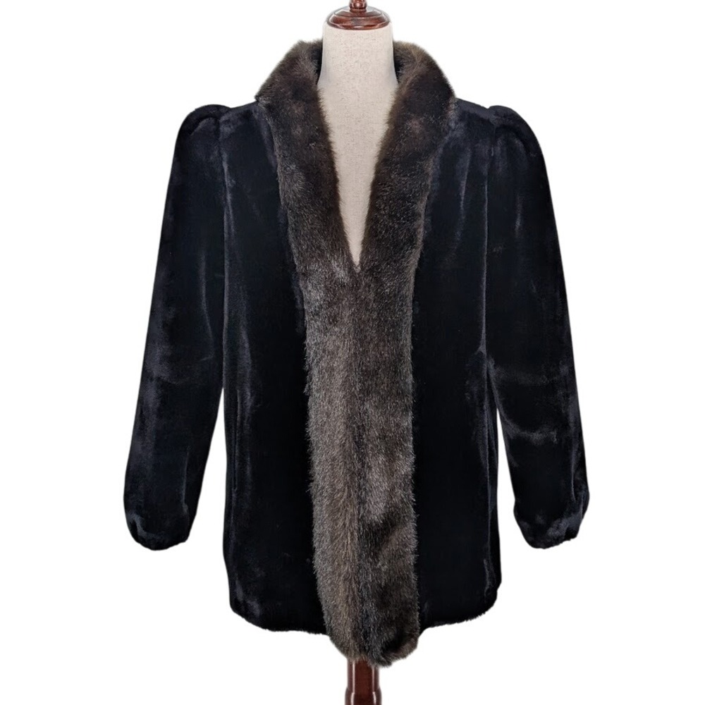 Jordache 1980s Faux Fur Coat Black Brown Trim Puff Sleeve Vintage Size 5/6
